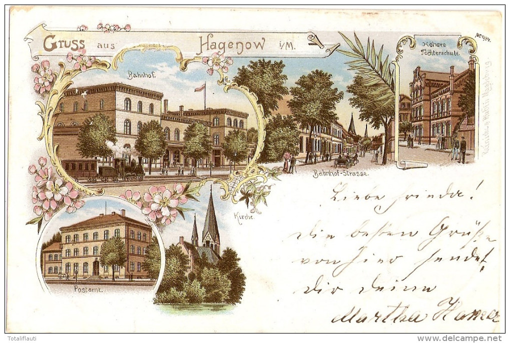 Gruss Aus HAGENOW Color Litho Bahnhof Strasse Höhere Töchterschule Post 3.7.1899 Gelaufen - Hagenow