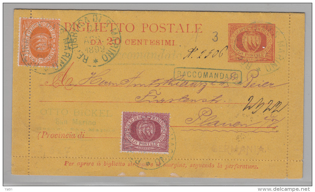 San Marino (1892) - Biglietto Postale Raccomandato Spedito Da Otto Bickel Per La Sassonia - Storia Postale