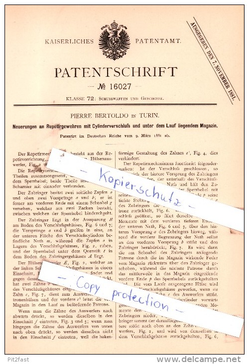 Original Patent  - Pierre Bertoldo In Torino / Turin , 1881 , Pistola , Gewehre Mit Cylinderverschluß !!! - 1914-18