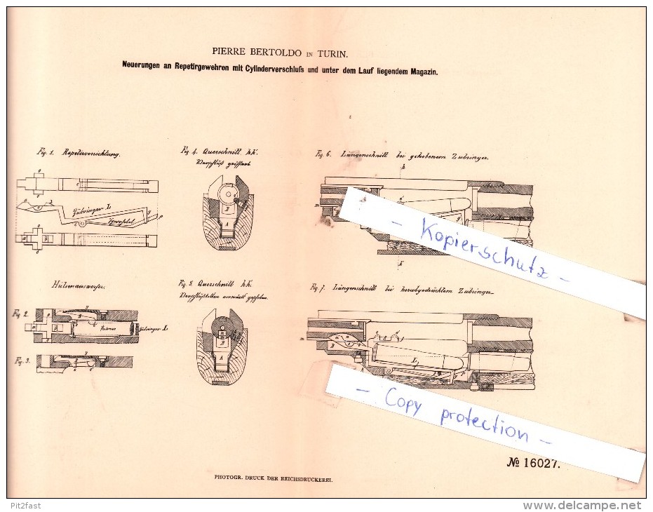 Original Patent  - Pierre Bertoldo In Torino / Turin , 1881 , Pistola , Gewehre Mit Cylinderverschluß !!! - 1914-18