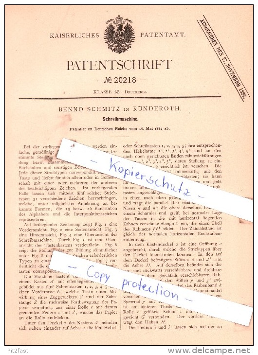 Original Patent  -  Benno Schmitz In Ründeroth B. Engelskirchen , 1882 , Schreibmaschine !!! - Historische Dokumente