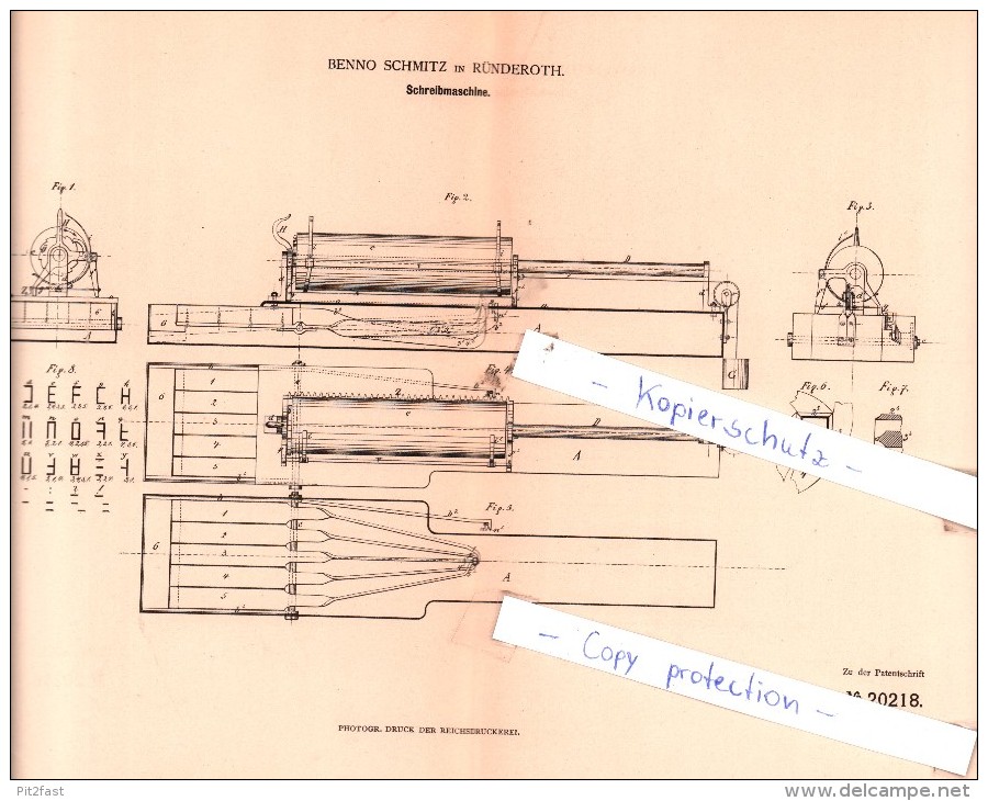 Original Patent  -  Benno Schmitz In Ründeroth B. Engelskirchen , 1882 , Schreibmaschine !!! - Historische Dokumente