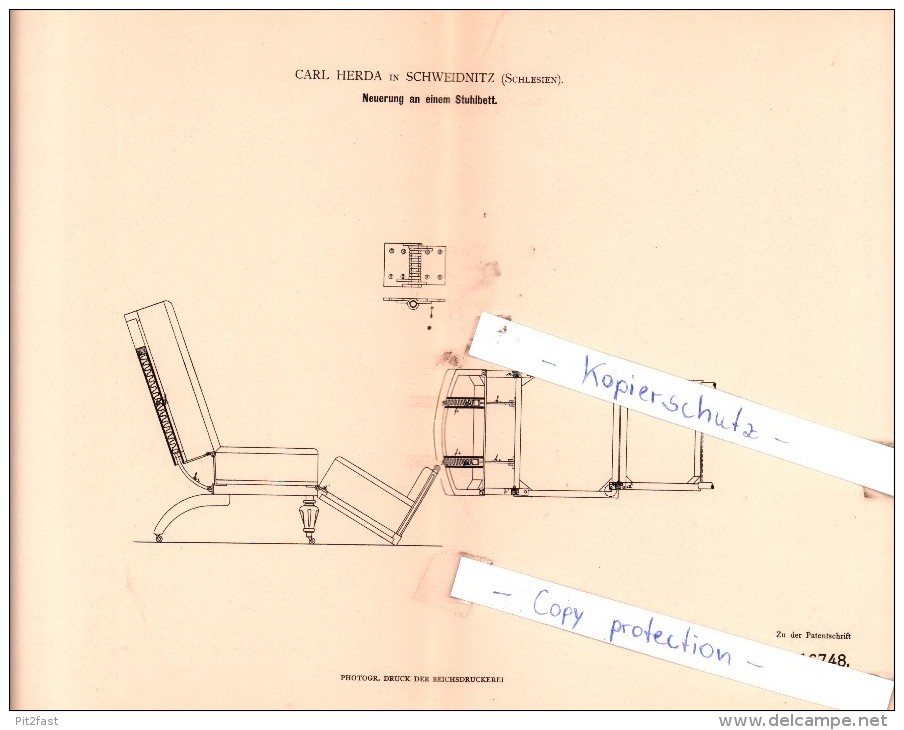 Original Patent  - C. Herda In Schweidnitz / Swidnica , Schlesien , 1881 , Neuerung An Einem Stuhlbett !!! - Documentos Históricos