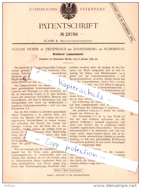 Original Patent  - A. Huber In Neuenhaus / Hahnerberg Bei Elberfeld , 1884 , Drehbarer Lampenmantel , Wuppertal !!! - Historische Dokumente