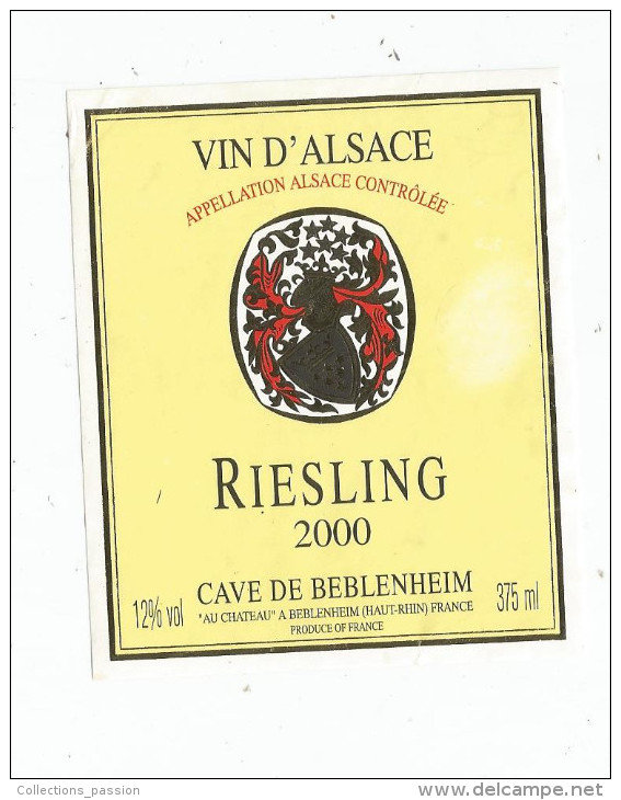 étiquette , BLANC , RIESLING , 2000 , Cave De BEBLENHEIM , 375 Ml , Vin D´Alsace , Haut-rhin , Appellation Controlée - Riesling