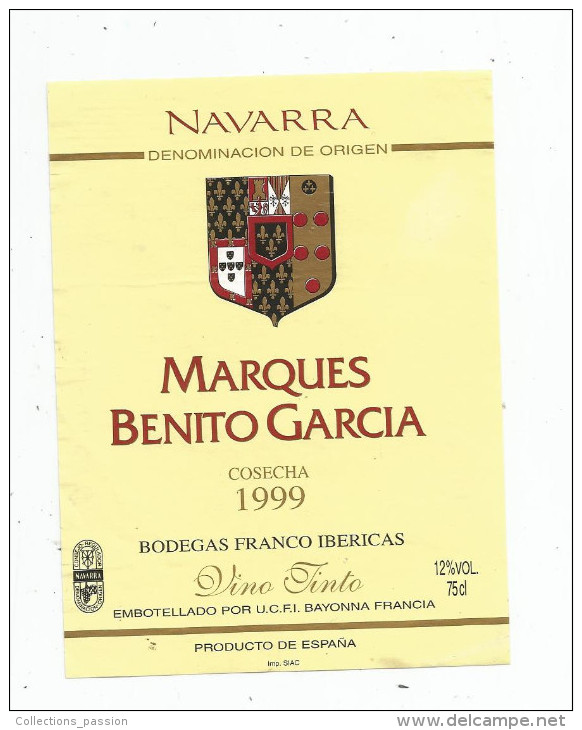 étiquette , NAVARRA , Denominacion De Origen , MARQUES BENITO GARCIA , Cosecha , 1999 , Bodegas Franco Ibericas - Andere & Zonder Classificatie