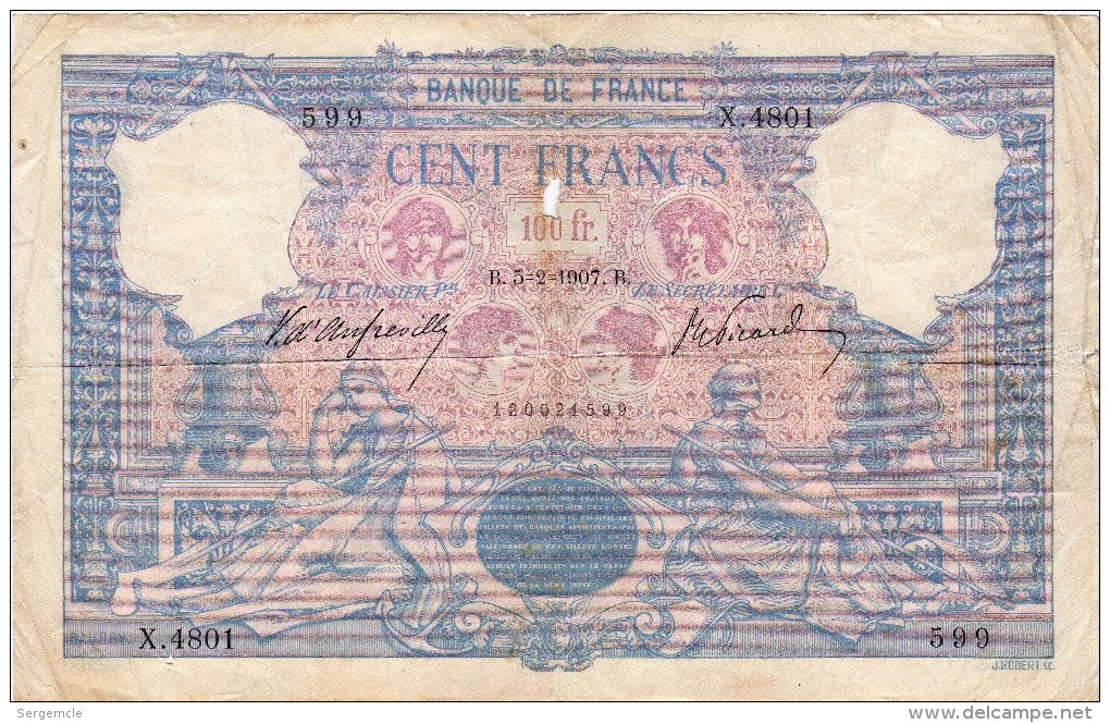 Peu Courant 100 Francs Du 5.2.1907 - 100 F 1888-1909 ''Bleu Et Rose''