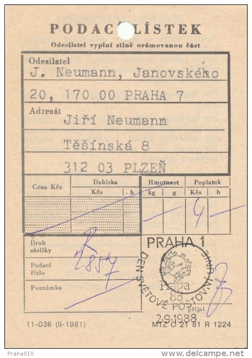 K5166 - Czechoslovakia (1988) Praha 1: Stamp Exhibition PRAGA 88; Day Of World Postal Union - UPU (Postal Receipt) - UPU (Wereldpostunie)