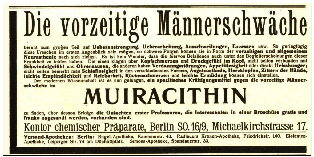 Original-Werbung/Anzeige 1914 - DIE VORZEITIGE MÄNNERSCHWÄCHE /MUIRACITHIN /KONTOR CHEM.PRÄPARATE BERLIN -ca. 90 X 45 Mm - Werbung