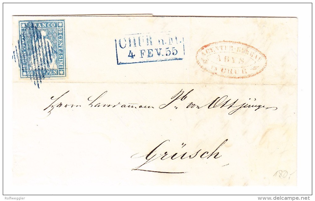 Heimat GR CHUR N.M. 4.2.1855 Im Kasten Blau 10C. Strubel Mit Blauer Raute Auf Brief Nach Grüsch - Storia Postale