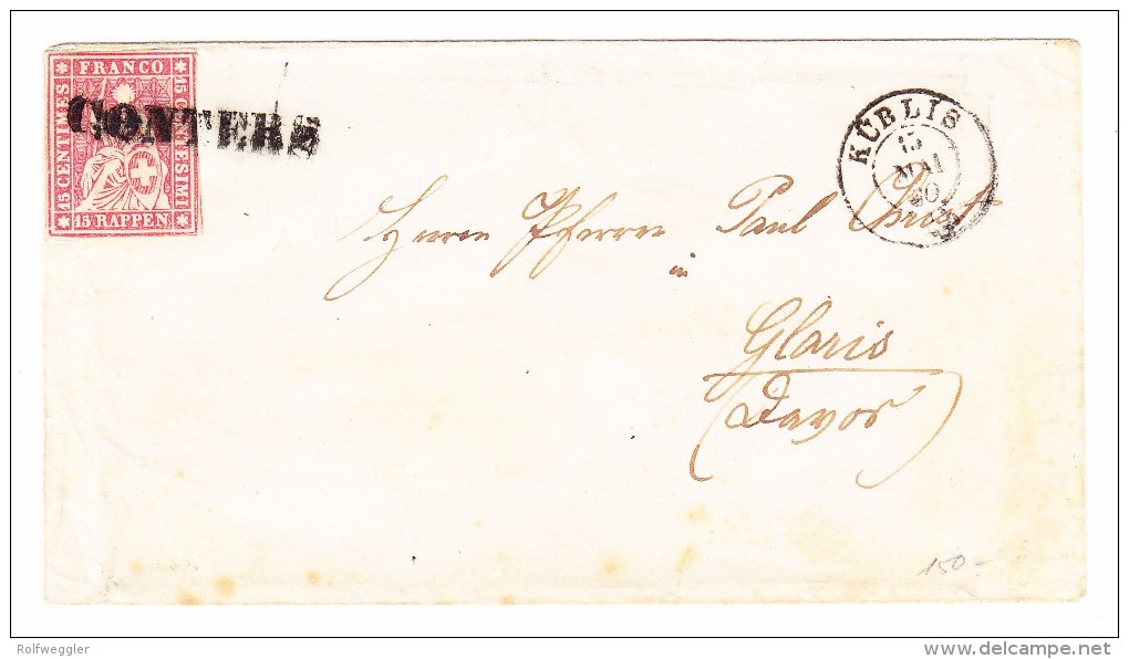 Heimat GR CONTERS Balkenstempel Mit 15Rp. Strubel 15.5.1860 Küblis Auf Brief Nach Glaris - Storia Postale