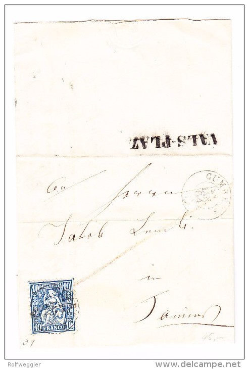 Heimat GR VALS-PLAZ Balkenstempel 28.1.1864 Gumbels 10Rp Sitzende Auf Brief - Lettres & Documents