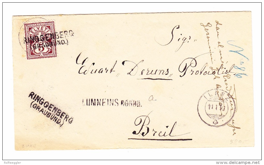 Heimat GR RINGGENBERG (GRAUBÜND.) Und LUMNEINS RGGBG. Balkenstempeln Brief Nach Brigels AK-O 11.1.1893 - Lettres & Documents