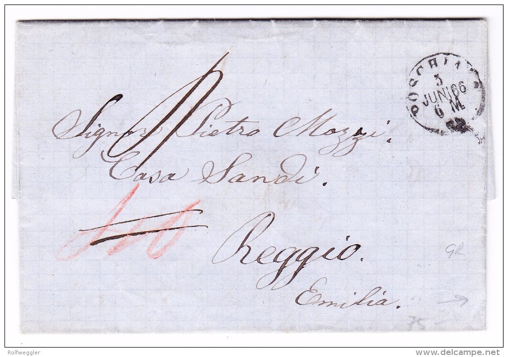 Heimat GR POSCHIAVO 3.6.1866 Brief Nach Reggio Emilia Italien Mit Verschiedene Transit Und AK Stempeln - 1843-1852 Federal & Cantonal Stamps