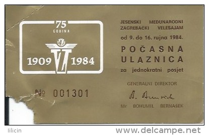 Ticket UL000300 - Exhibition: Yugoslavia Croatia Zagreb Velesajam 1984-09 - Tickets - Entradas