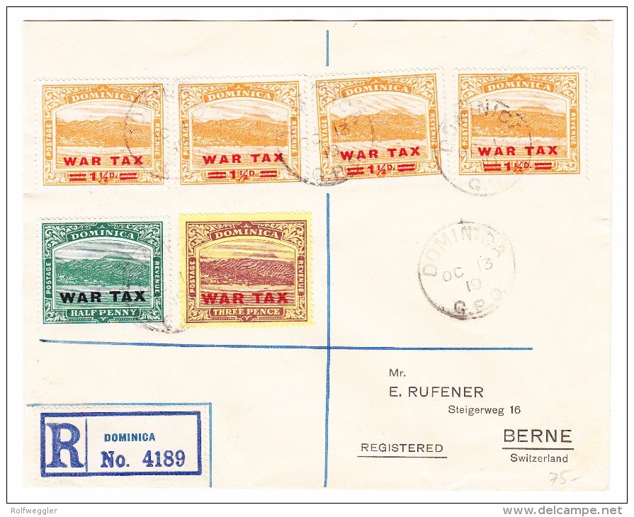 Dominica 1919 R-Brief Nach Bern Mit Kriegstaxen Ausgaben 2 1/2p Orange (4) 1/2p Blaugrün Und 3p Lila Und Gelb. - Dominique (...-1978)