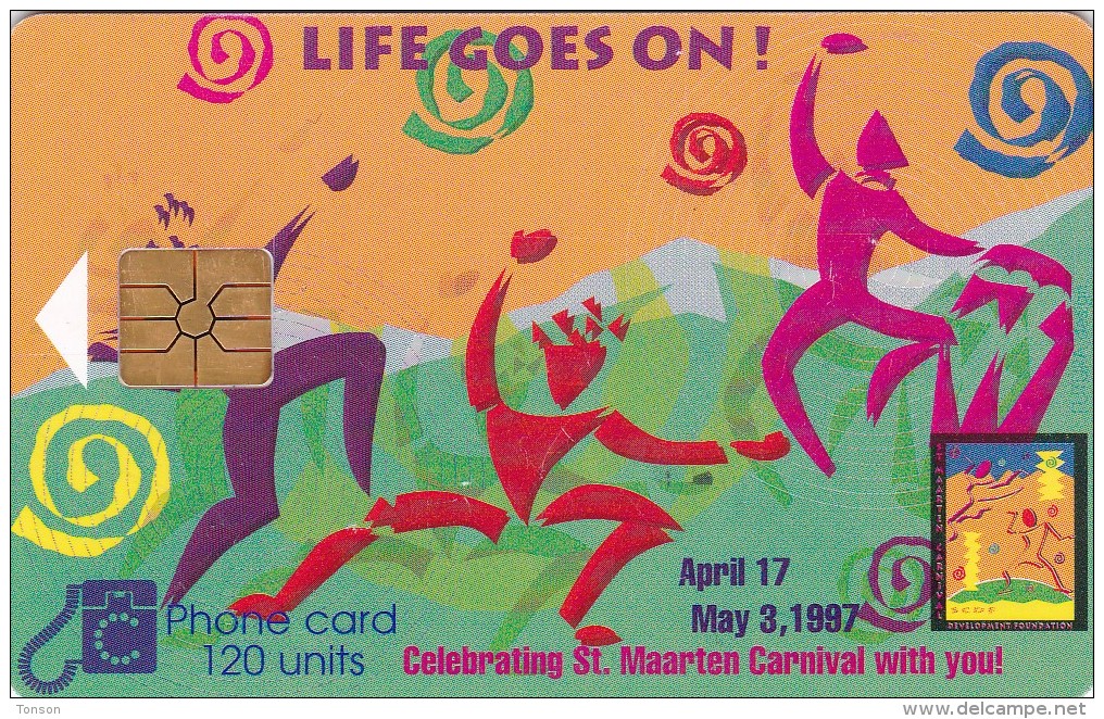 Saint Marteen, CH-TMM-1004a, 120 Units, Carnival, Red Dancer, 2 Scans.  Chip : GEM 1 With Red Lines - Antillas (Nerlandesas)