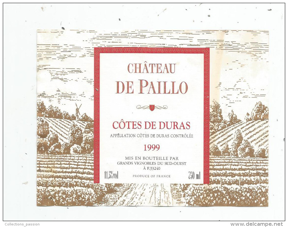 étiquette , Château De PAILLO , Côtes De DURAS , Appellation Controlée , 1999 , Grands Vignobles Du Sud Ouest - Castelli