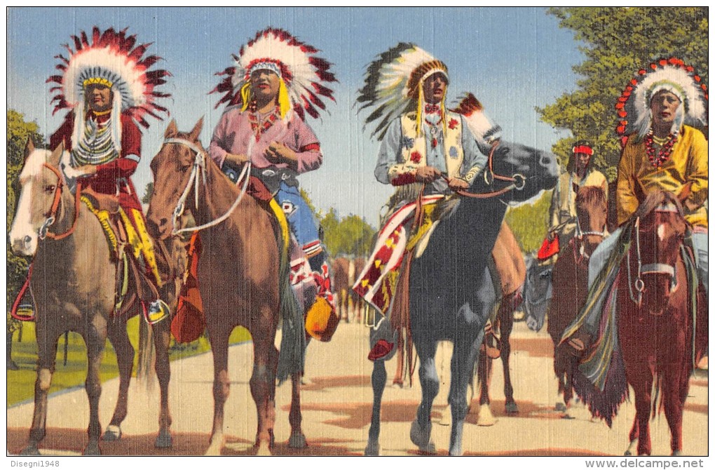 04544 "INDIAN BRAVES LINED UP FOR PARADE"  ANIMATED. ILLUSTRATED POSTCARD, NOT SHIPPED. - America