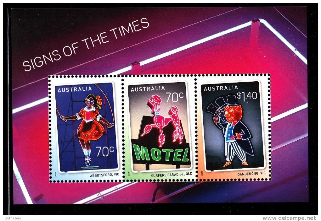 Australia MNH 2015 Souvenir Sheet Of 3 Neon Signs: Abbotsford, Surfers Paradise, Dandenong - Mint Stamps