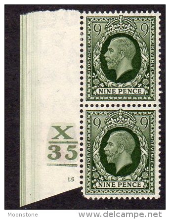 GB George V 1934-6 9d Photogravure X35 Plate 15 Cylinder Pair, MNH Hinge In Margin & Vertical Crease - Unused Stamps