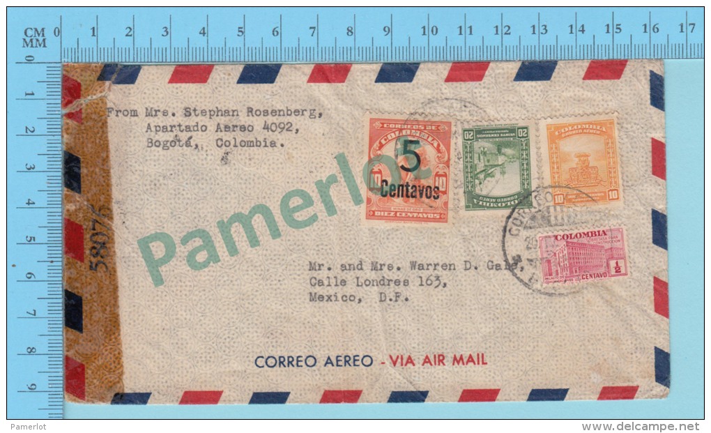 Aerogram Correo Aero WWII Military Censored + Over Print "5 Centavos" On Diez Centavos Colombia To Mexico  )2 Scans - Colombie