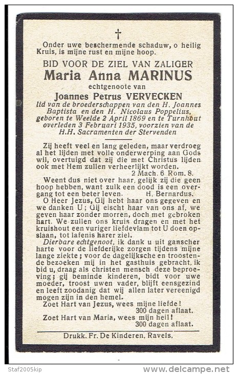 Bidprentje - Maria Anna MARINUS Echtg. Joannes Petrus VERVECKEN - Weelde 1869 - Turnhout 1935 - Images Religieuses