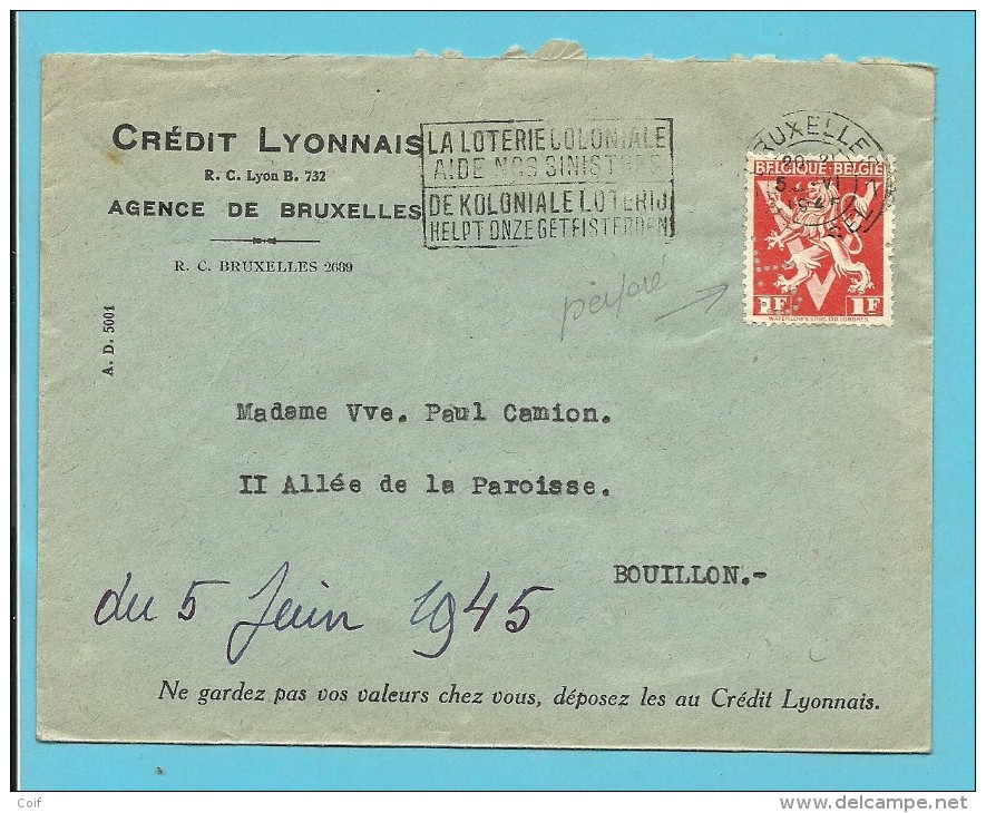 680 Op Brief Met Stempel BRUXELLES, Met Firmaperforatie (perfin) "C.L." Van Credit Lyonnais - 1934-51