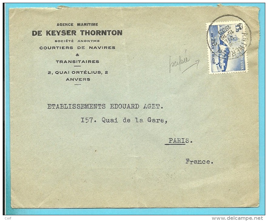 487 Op Brief Met Stempel ANTWERPEN, Met Firmaperforatie (perfin) "AMDT" Van Agence Maritime DE KEYSER THORNTON - 1934-51