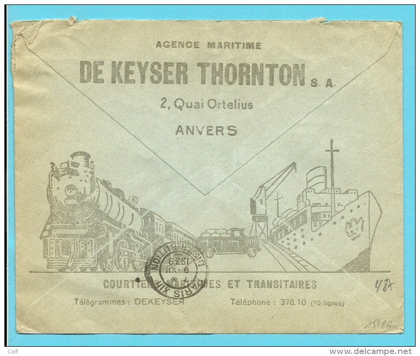 487 Op Brief Met Stempel ANTWERPEN, Met Firmaperforatie (perfin) "AMDT" Van Agence Maritime DE KEYSER THORNTON - 1934-51