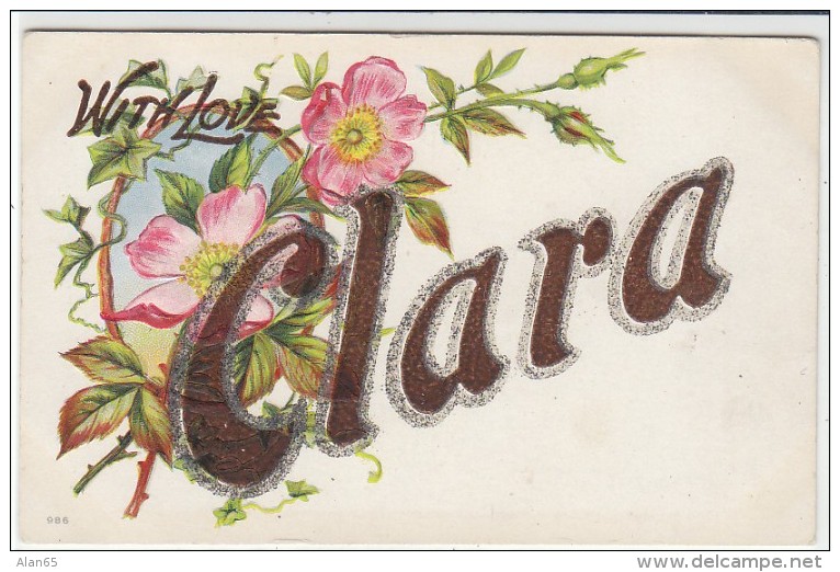 'Clara' Large Letter Name, Glitter Attached C1900s Vintage Postcard - Firstnames