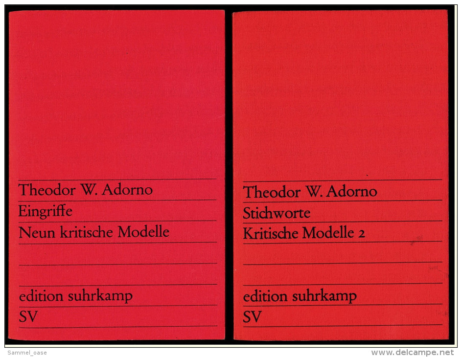 2 X Theodor W. Adorno Bücher : Eingriffe - Neun Kritische Modelle / Stichworte - Kritische Modelle 2 - Deutschsprachige Autoren