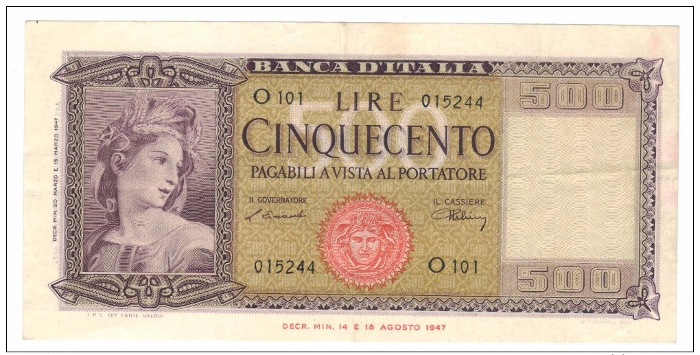 Italy 500 Lire 1947 , VF/XF! FREE SHIP. TO USA. - Otros & Sin Clasificación