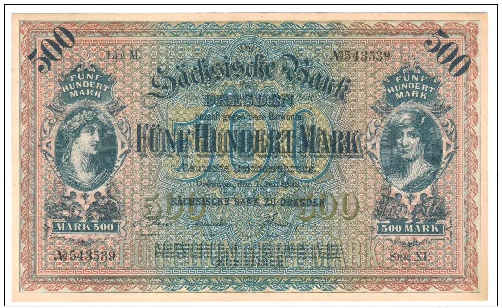 GERMANY  500 Mk, 1922 , Aunc/UNC, Dresden, Free Ship. Tu USA. - Sonstige & Ohne Zuordnung