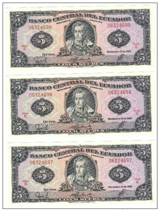 Ecuador 5 Sucres 1988, UNC X3. - Ecuador