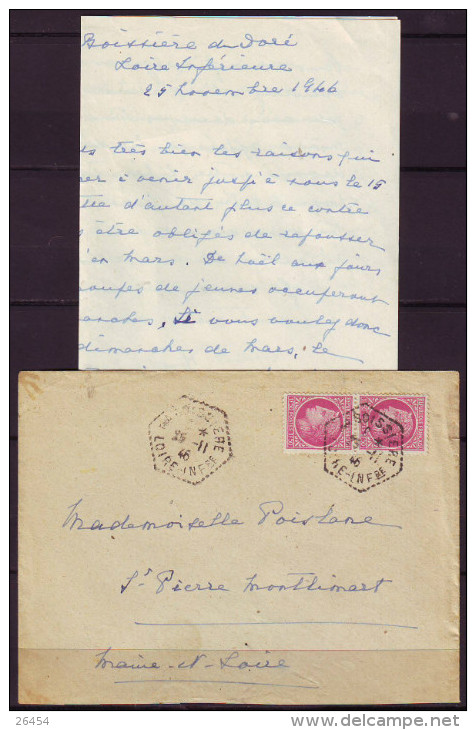 Lettre + Pli  De LA BOISSIERE Du DORE Loire Inf    25 11 1946 Pour ST P MONTLIMARD  M.et.L. Mazelin 1f50 Ro BANDE De 2 - 1945-47 Cérès De Mazelin