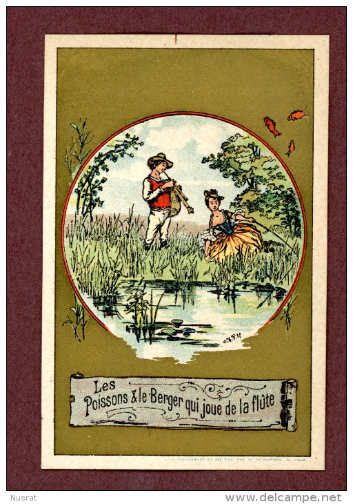 Chromo Dorée, Fables De La Fontaine, Lith. Vieillemard, Les Poissons & Le Berger Qui Joue De La Flûte - Autres & Non Classés