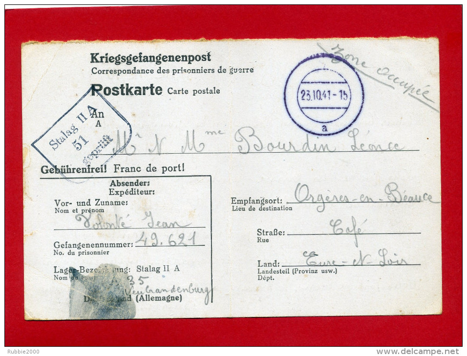 CORRESPONDANCE PRISONNIER DE GUERRE 1941 INTERNE AU STALAG IIA A NEUBRANDENBURG POUR ORGERES EN BEAUCE CACHET CENSURE - Dokumente