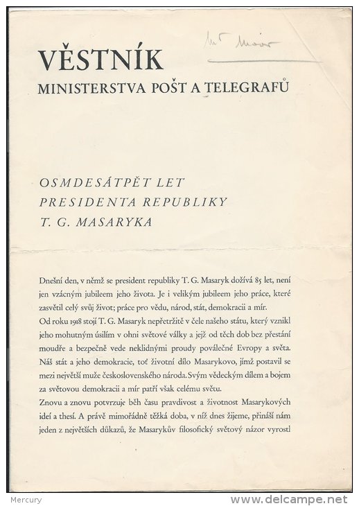 TCHECOSLOVAQUIE - 85 Ans Du Président Masaryk - Document Commémoratif - 3 Scans - Errors, Freaks & Oddities (EFO)