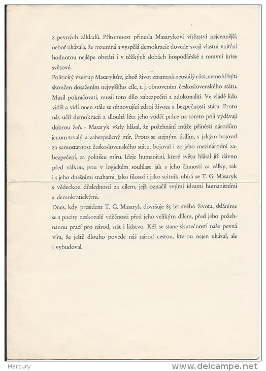 TCHECOSLOVAQUIE - 85 Ans Du Président Masaryk - Document Commémoratif - 3 Scans - Errors, Freaks & Oddities (EFO)