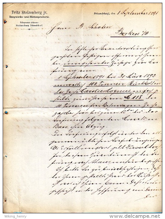 Düsseldorf - Rechnung Bergwerks & Hüttenproducte Stolzenberg 1891 - Sonstige & Ohne Zuordnung