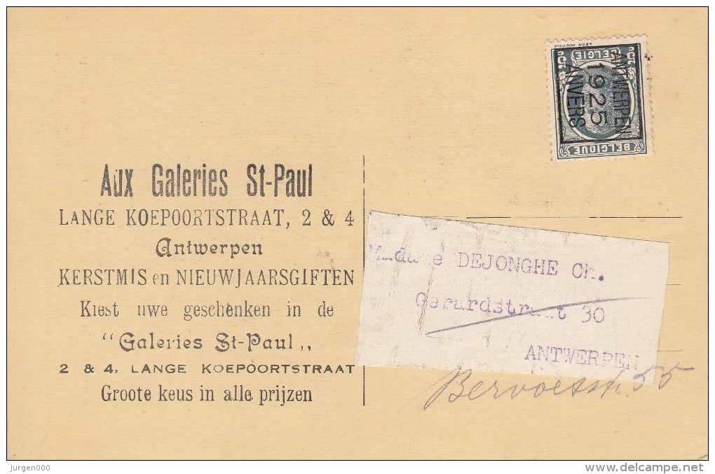 Nr 121 A, Op Reklamekaart Aux Galeries St. Paul, Rubens (7649) - Tipo 1922-31 (Houyoux)