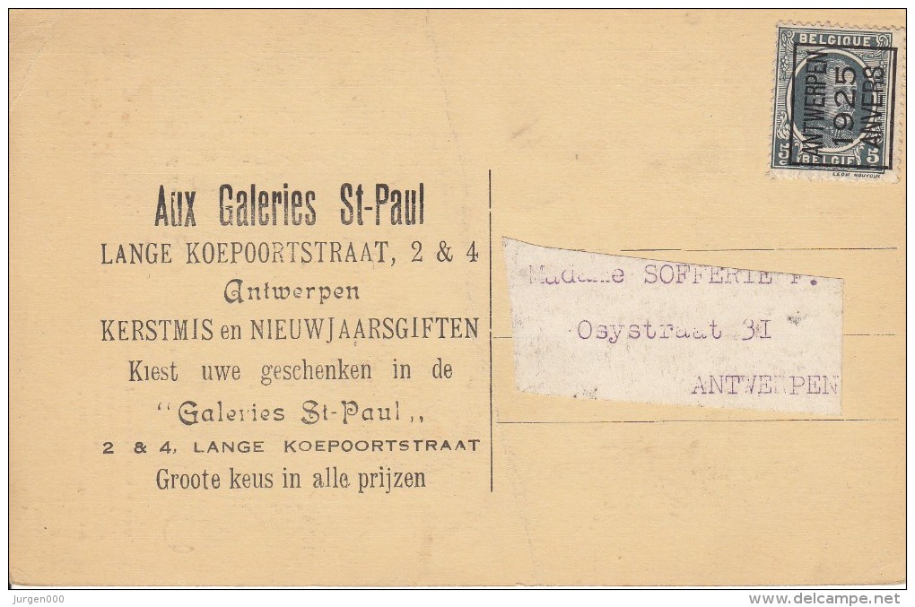 Nr 121 A, Op Reklamekaart Aux Galeries St. Paul, Rubens (7650) - Typos 1922-31 (Houyoux)
