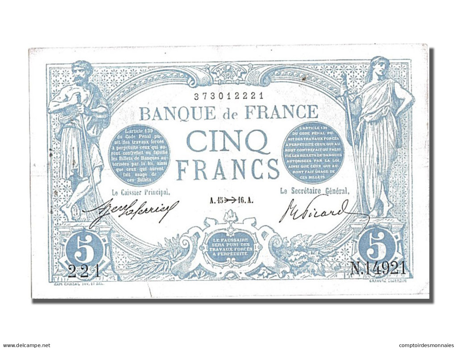 Billet, France, 5 Francs, 5 F 1912-1917 ''Bleu'', 1916, 1916-11-15, TTB+ - 5 F 1912-1917 ''Bleu''