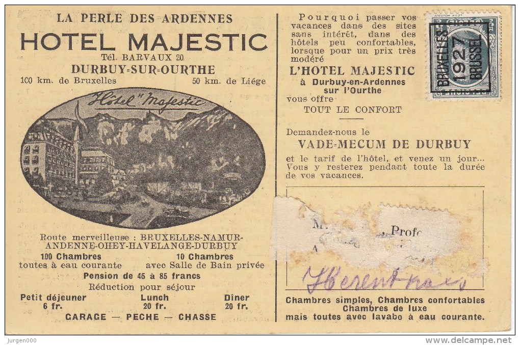 Nr 156 B, Bruxelles, Op Reklamekaart Hotel Majestic Durbuy, Agence De Voyages Geurts (7652) - Typos 1922-31 (Houyoux)