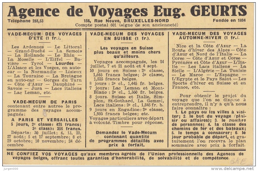 Nr 156 B, Bruxelles, Op Reklamekaart Hotel Majestic Durbuy, Agence De Voyages Geurts (7652) - Typografisch 1922-31 (Houyoux)