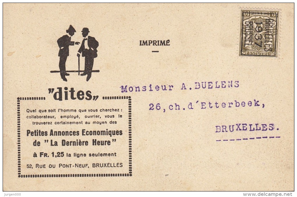 Nr 328 A, Bruxelles, Op Reklamekaart La Derniere Heure (7662) - Typos 1936-51 (Petit Sceau)