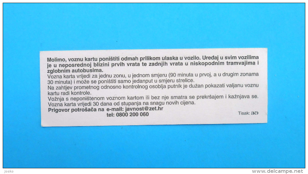 ZAGREB ELECTRIC TRAMWAY (ZET) - One Way Ticket 2015. * Tram Straßenbahn Bonde Tranvia Billet Biglieto Billete - Europe