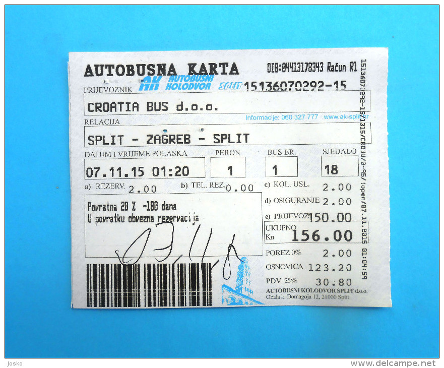 CROATIIA BUS - Return Ticket  - Intercity Transport 2015. *  Billet Biglieto Billete Autobus - Europe