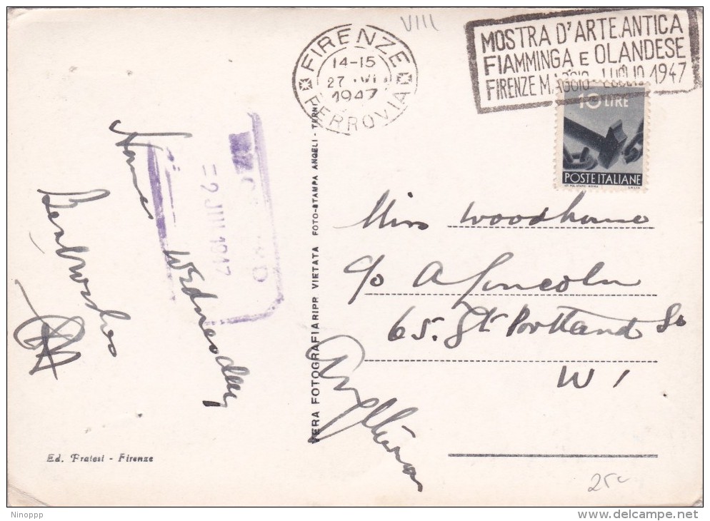 Italy 1947 Used Postcard Firenze Loggia Orcagna, Postmark Mostra Dárte Antica Fiamminga E Olandese - Interi Postali